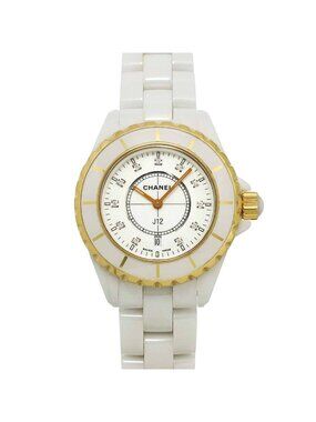 Chanel 33 Watch 11P Diamond Date White Ceramic Yellow Gold Quartz